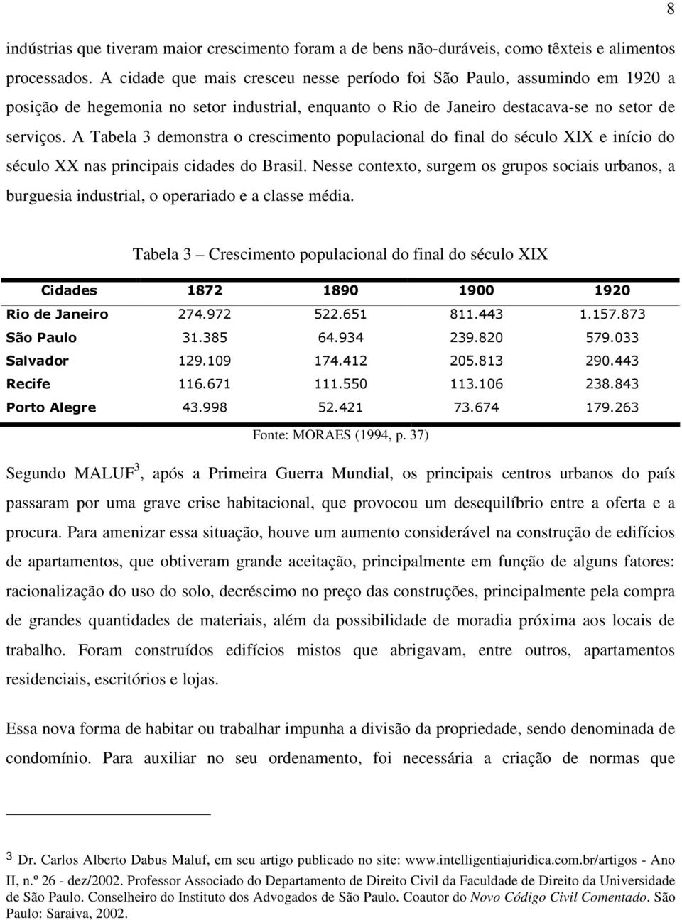 A Tabela 3 demonstra o crescimento populacional do final do século XIX e início do século XX nas principais cidades do Brasil.