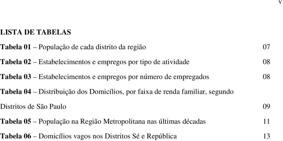 Distribuição dos Domicílios, por faixa de renda familiar, segundo Distritos de São Paulo 09 Tabela 05