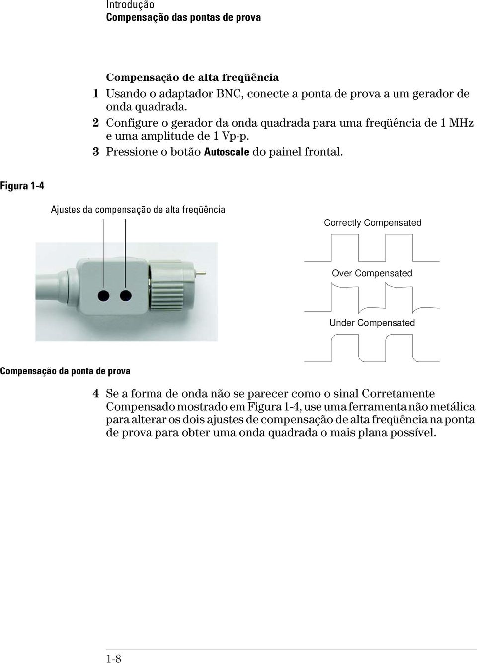 Figura 1-4 Ajustes da compensação de alta freqüência Correctly Compensated Over Compensated Under Compensated Compensação da ponta de prova 4 Se a forma de onda não se parecer