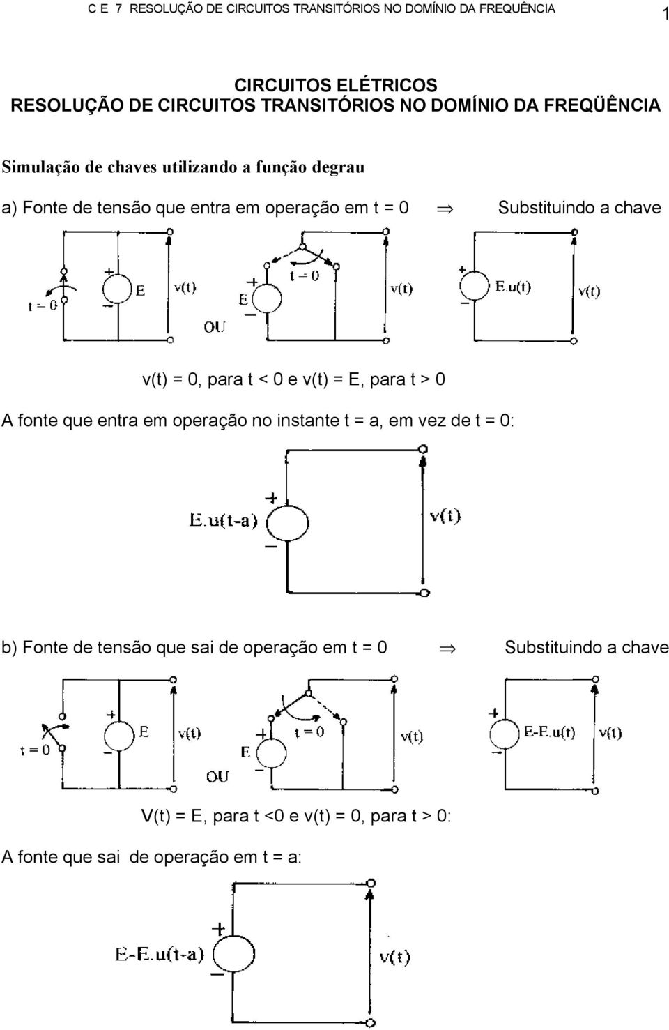 E, para t > 0 A fonte que entra em operação no instante t = a, em vez de t = 0: b) Fonte de tensão que sai de