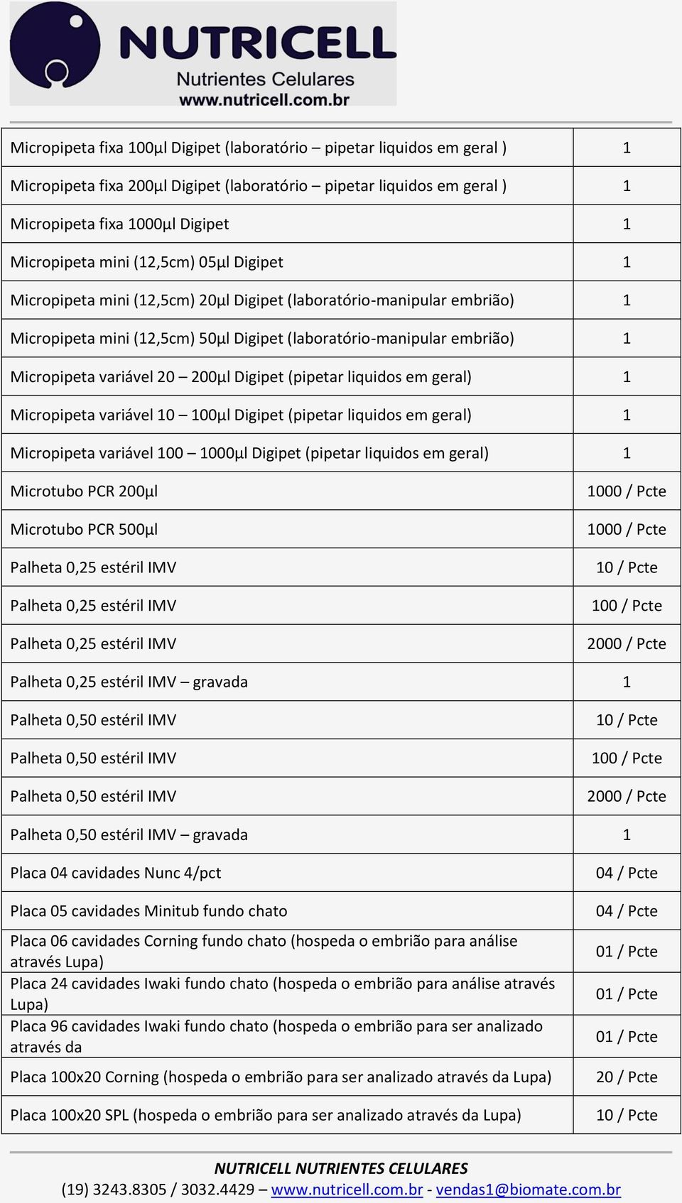 Digipet (pipetar liquidos em geral) 1 Micropipeta variável 10 100µl Digipet (pipetar liquidos em geral) 1 Micropipeta variável 100 1000µl Digipet (pipetar liquidos em geral) 1 Microtubo PCR 200µl