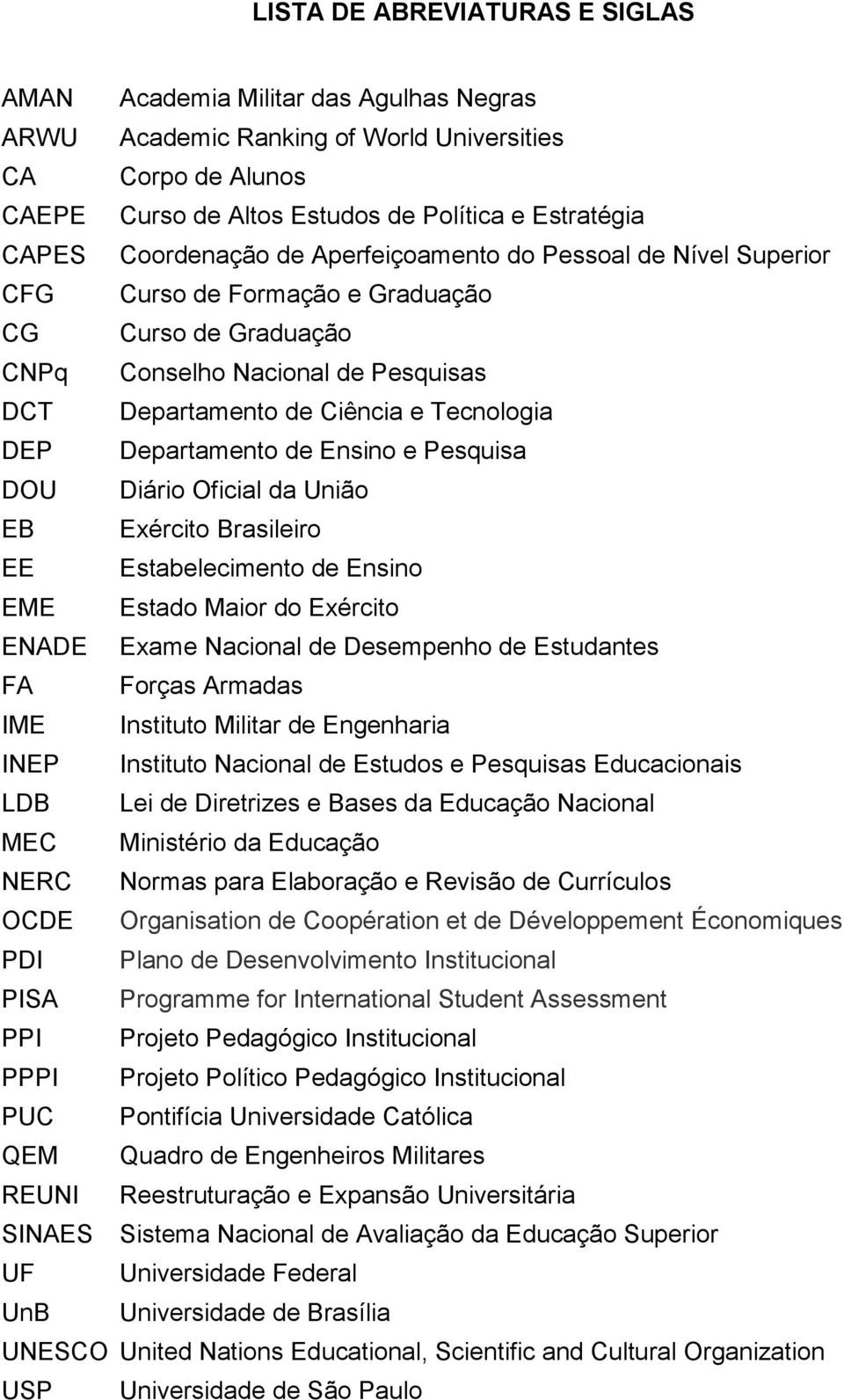 Departamento de Ensino e Pesquisa DOU Diário Oficial da União EB Exército Brasileiro EE Estabelecimento de Ensino EME Estado Maior do Exército ENADE Exame Nacional de Desempenho de Estudantes FA