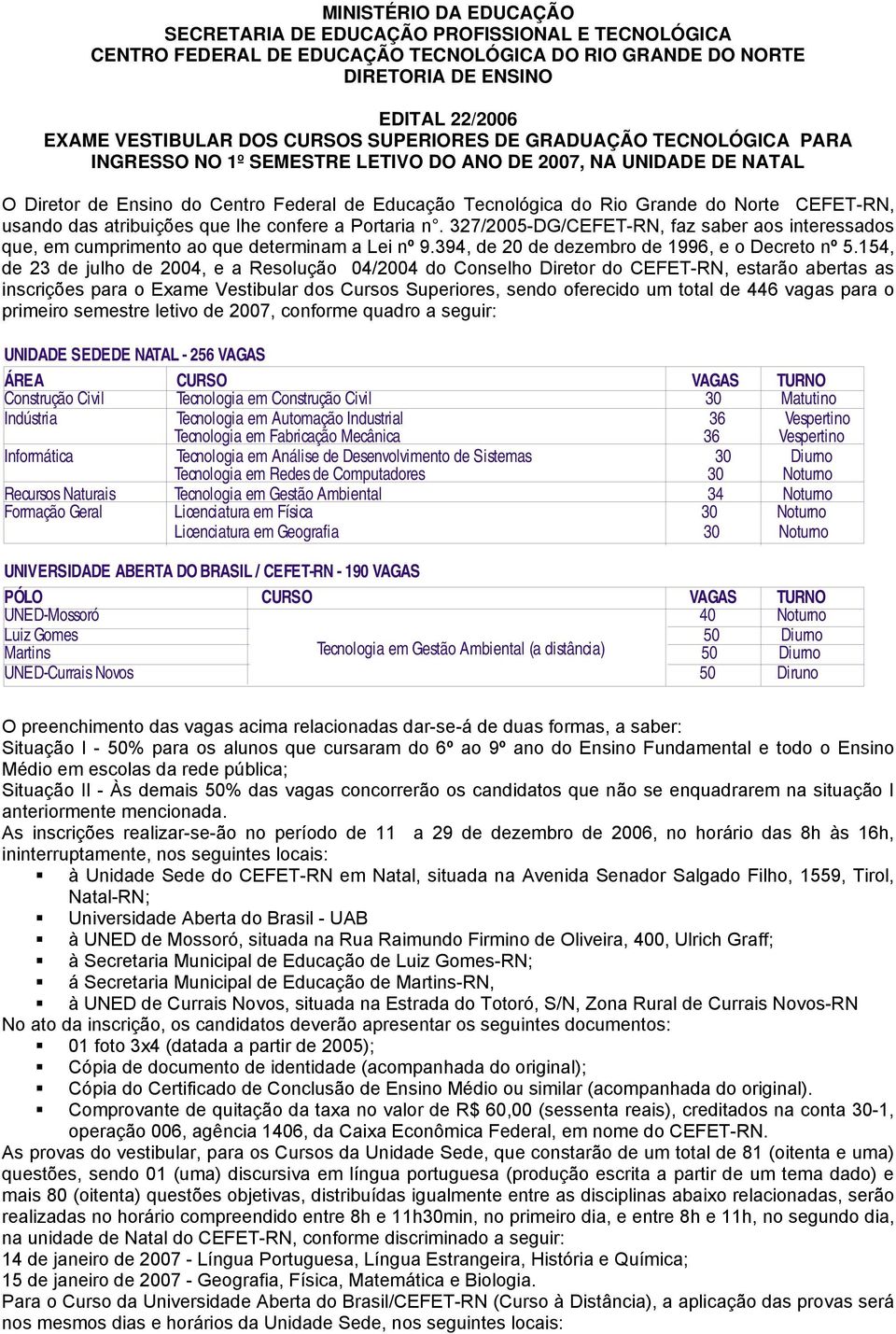 CEFET-RN, usando das atribuições que lhe confere a Portaria n. 327/2005-DG/CEFET-RN, faz saber aos interessados que, em cumprimento ao que determinam a Lei nº 9.