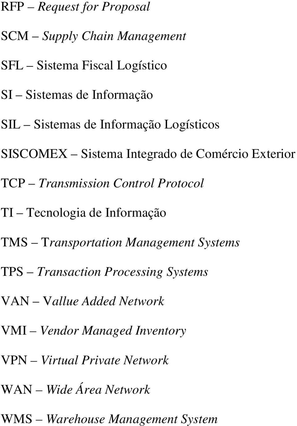 TI Tecnologia de Informação TMS Transportation Management Systems TPS Transaction Processing Systems VAN Vallue