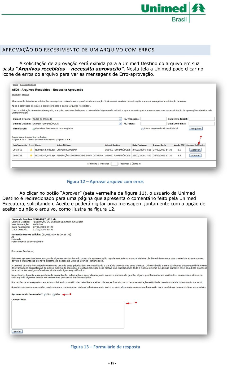 Figura 12 Aprovar arquivo com erros Ao clicar no botão Aprovar (seta vermelha da figura 11), o usuário da Unimed Destino é redirecionado para uma página que