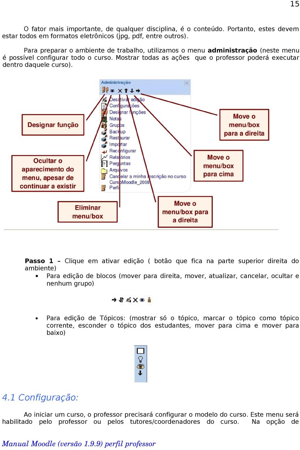 Passo 1 Clique em ativar edição ( botão que fica na parte superior direita do ambiente) Para edição de blocos (mover para direita, mover, atualizar, cancelar, ocultar e nenhum grupo) Para edição de