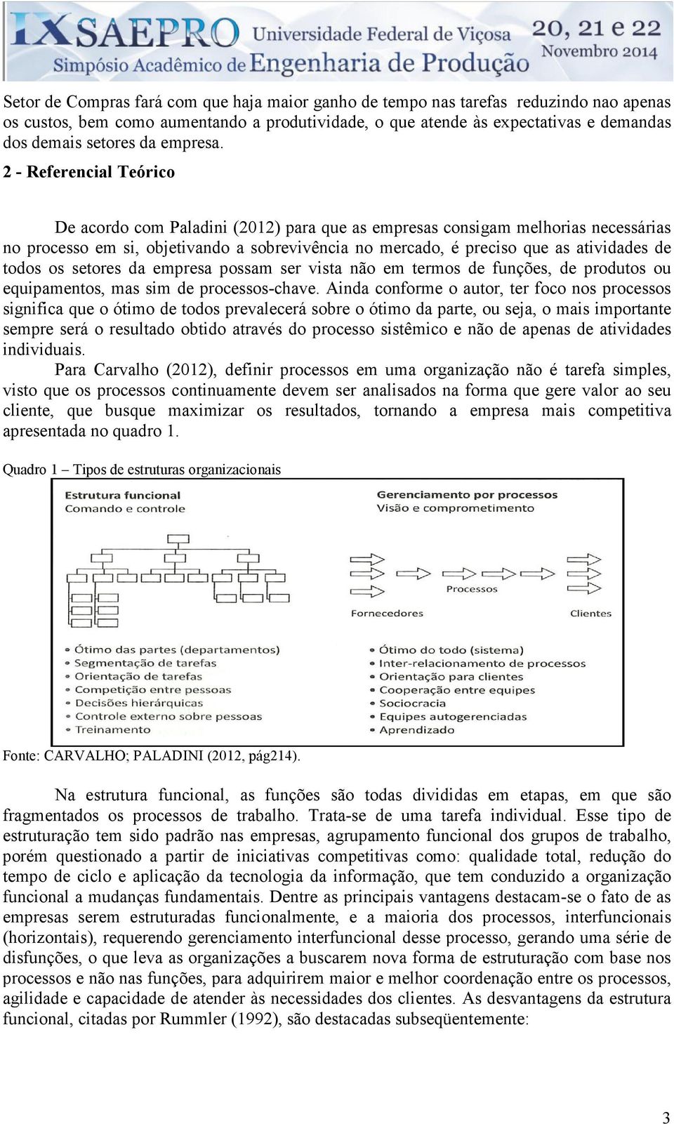 2 - Referencial Teórico De acordo com Paladini (2012) para que as empresas consigam melhorias necessárias no processo em si, objetivando a sobrevivência no mercado, é preciso que as atividades de