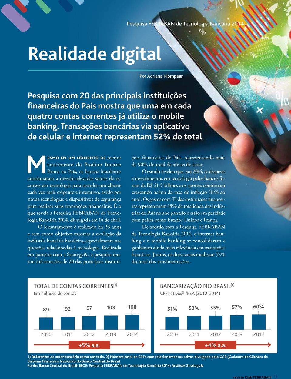 Transações bancárias via aplicativo de celular e internet representam 52% do total Mesmo em um momento de menor crescimento do Produto Interno Bruto no País, os bancos brasileiros continuaram a