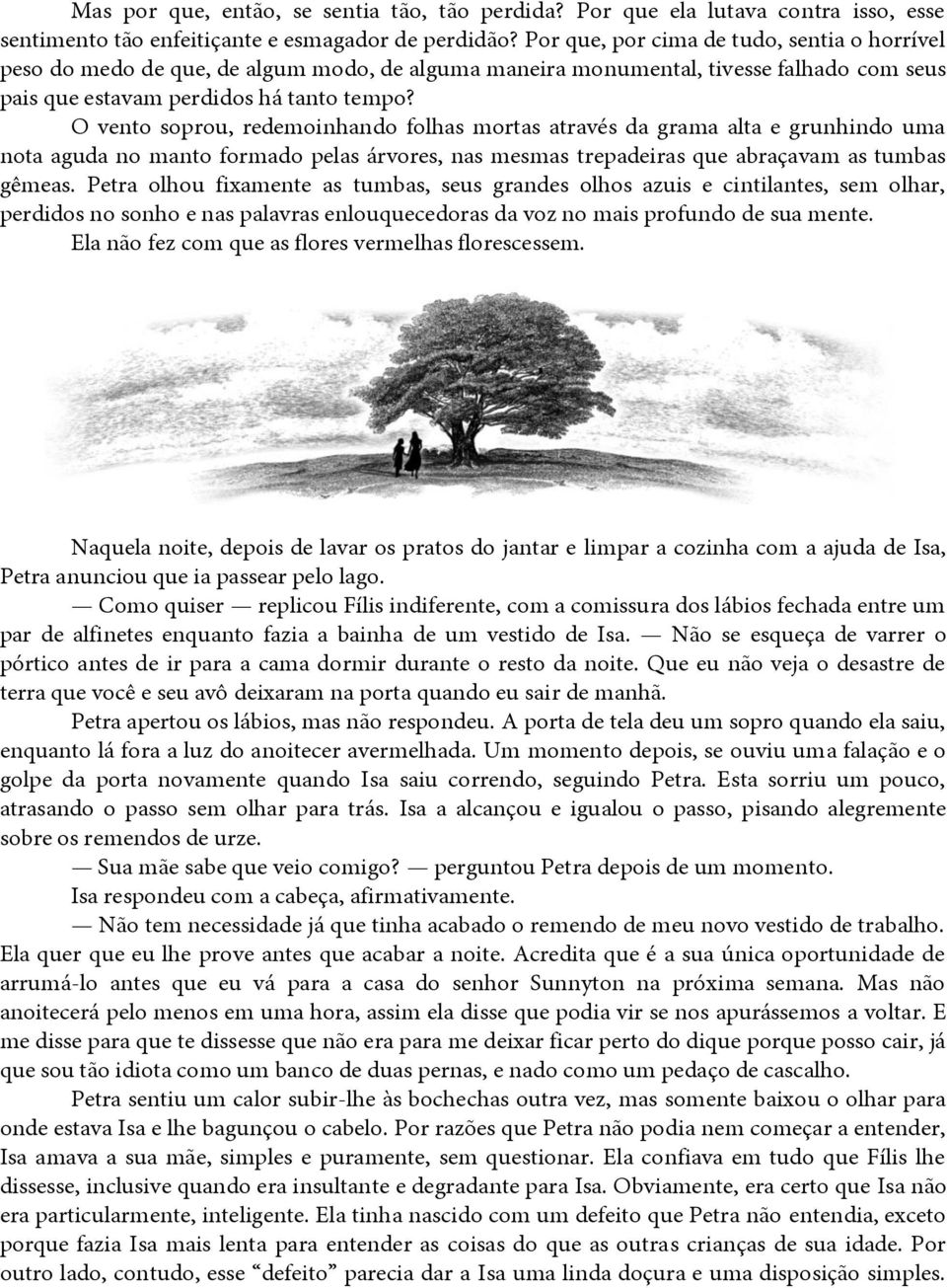 O vento soprou, redemoinhando folhas mortas através da grama alta e grunhindo uma nota aguda no manto formado pelas árvores, nas mesmas trepadeiras que abraçavam as tumbas gêmeas.