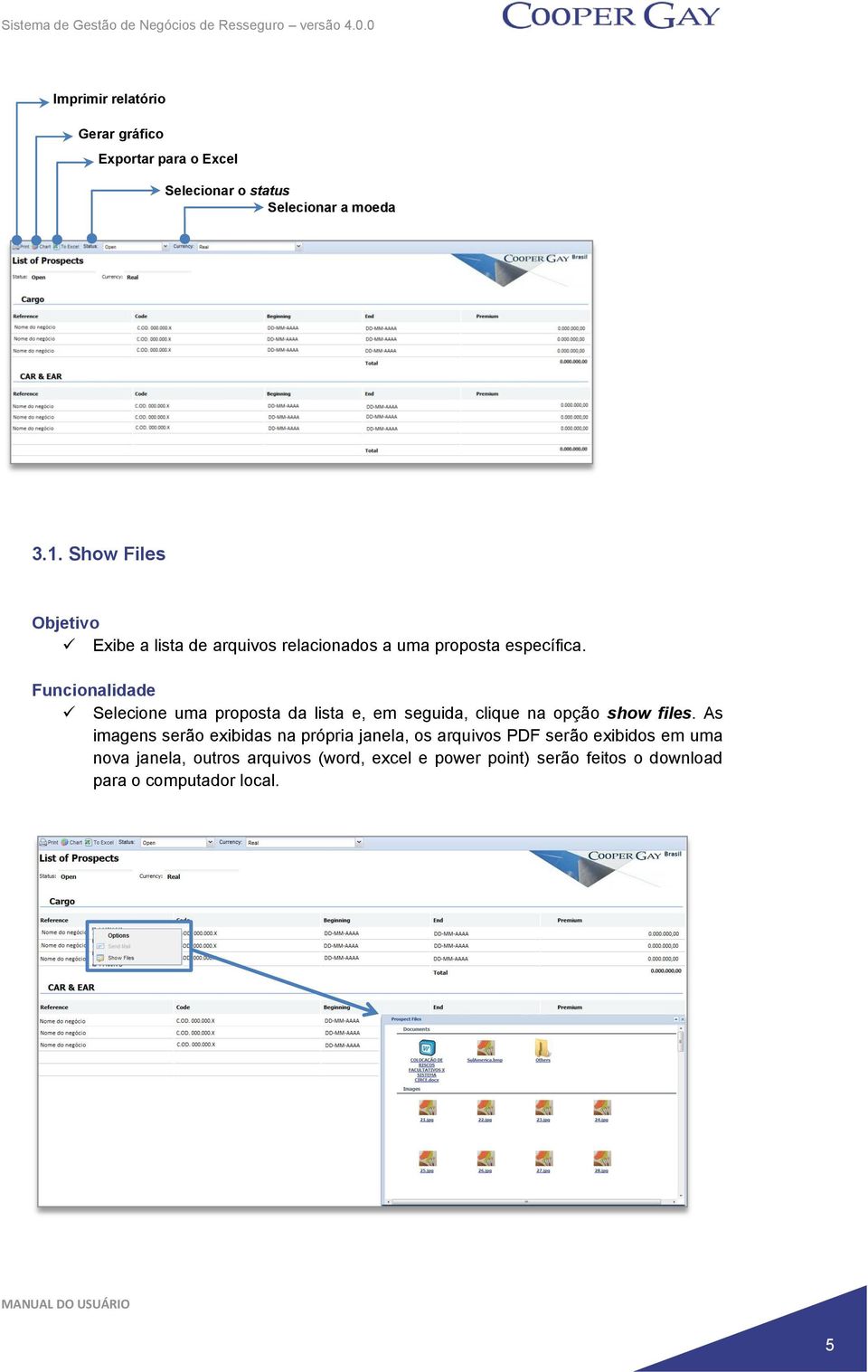 Selecione uma proposta da lista e, em seguida, clique na opção show files.