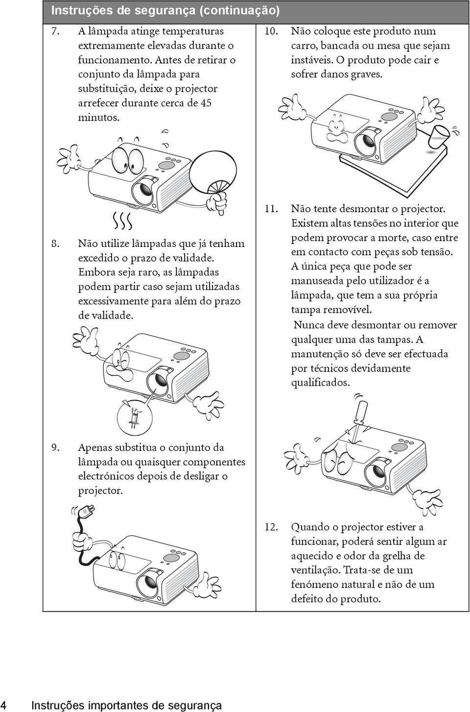 O produto pode cair e sofrer danos graves. 8. Não utilize lâmpadas que já tenham excedido o prazo de validade.