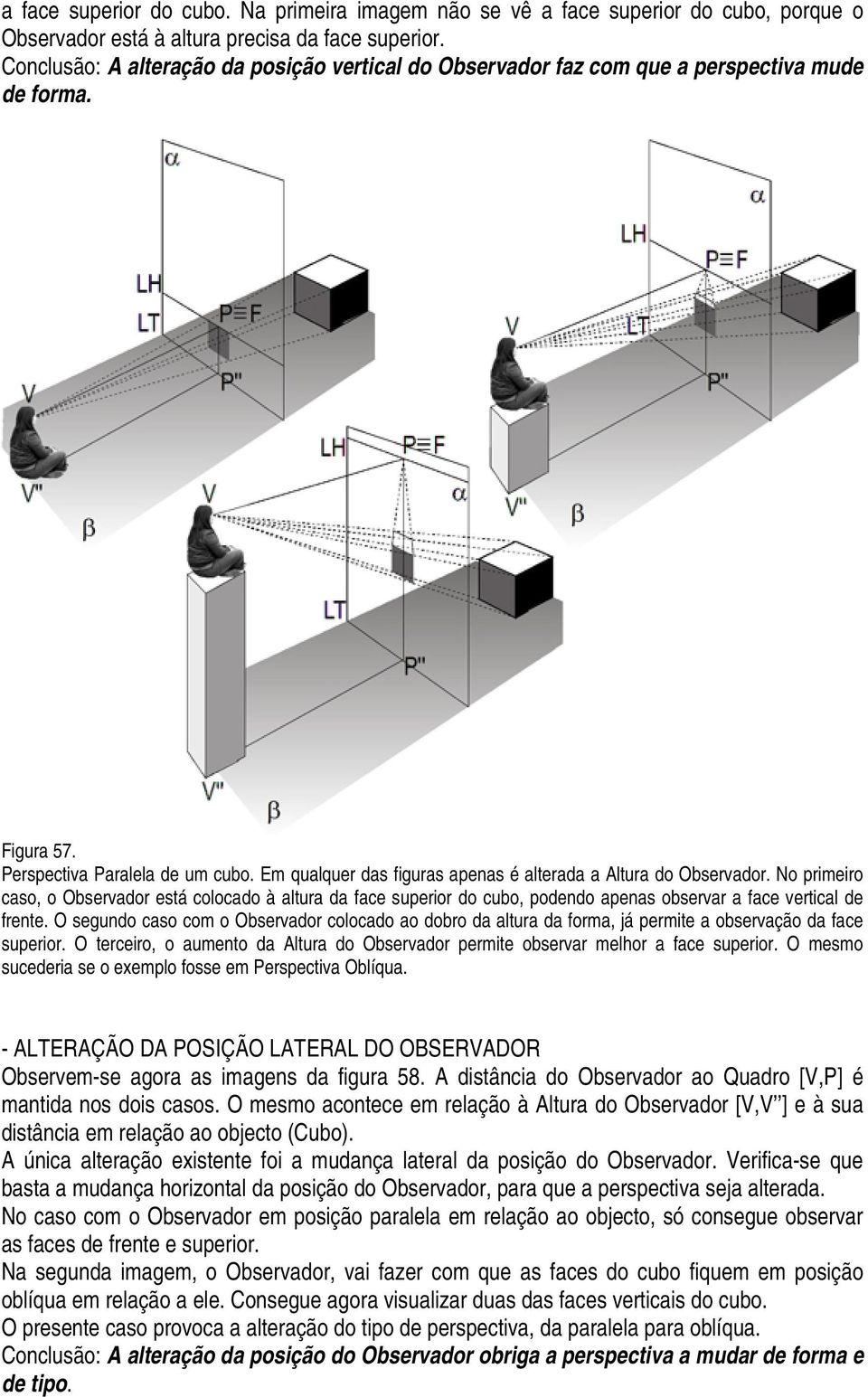 Em qualquer das figuras apenas é alterada a Altura do Observador. No primeiro caso, o Observador está colocado à altura da face superior do cubo, podendo apenas observar a face vertical de frente.