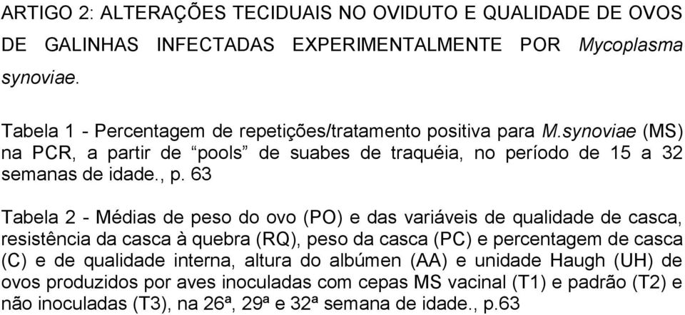 , p. 63 Tabela 2 - Médias de peso do ovo (PO) e das variáveis de qualidade de casca, resistência da casca à quebra (RQ), peso da casca (PC) e percentagem de casca (C)