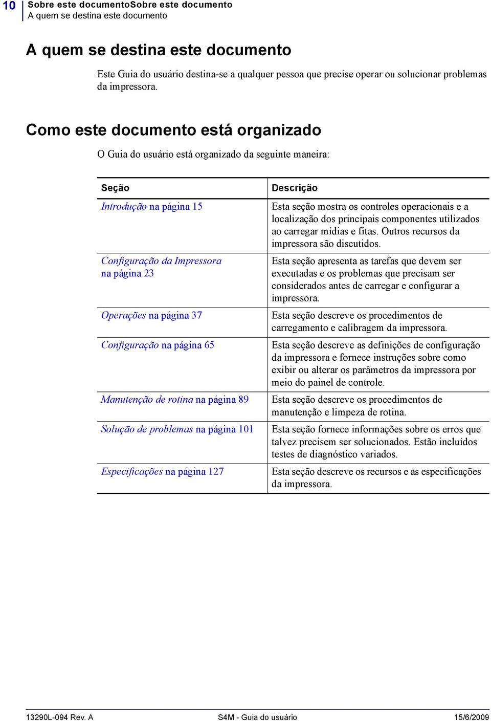 Como este documento está organizado O Guia do usuário está organizado da seguinte maneira: Seção Introdução na página 15 Configuração da Impressora na página 23 Operações na página 37 Configuração na