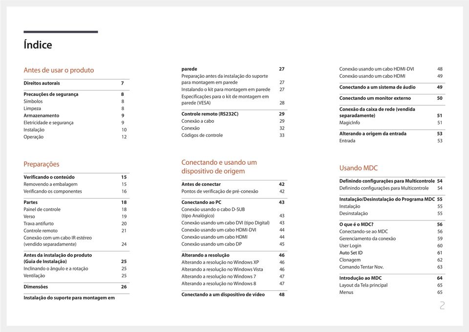 Conexão 32 Códigos de controle 33 Conexão usando um cabo HDMI-DVI 48 Conexão usando um cabo HDMI 49 Conectando a um sistema de áudio 49 Conectando um monitor externo 50 Conexão da caixa de rede