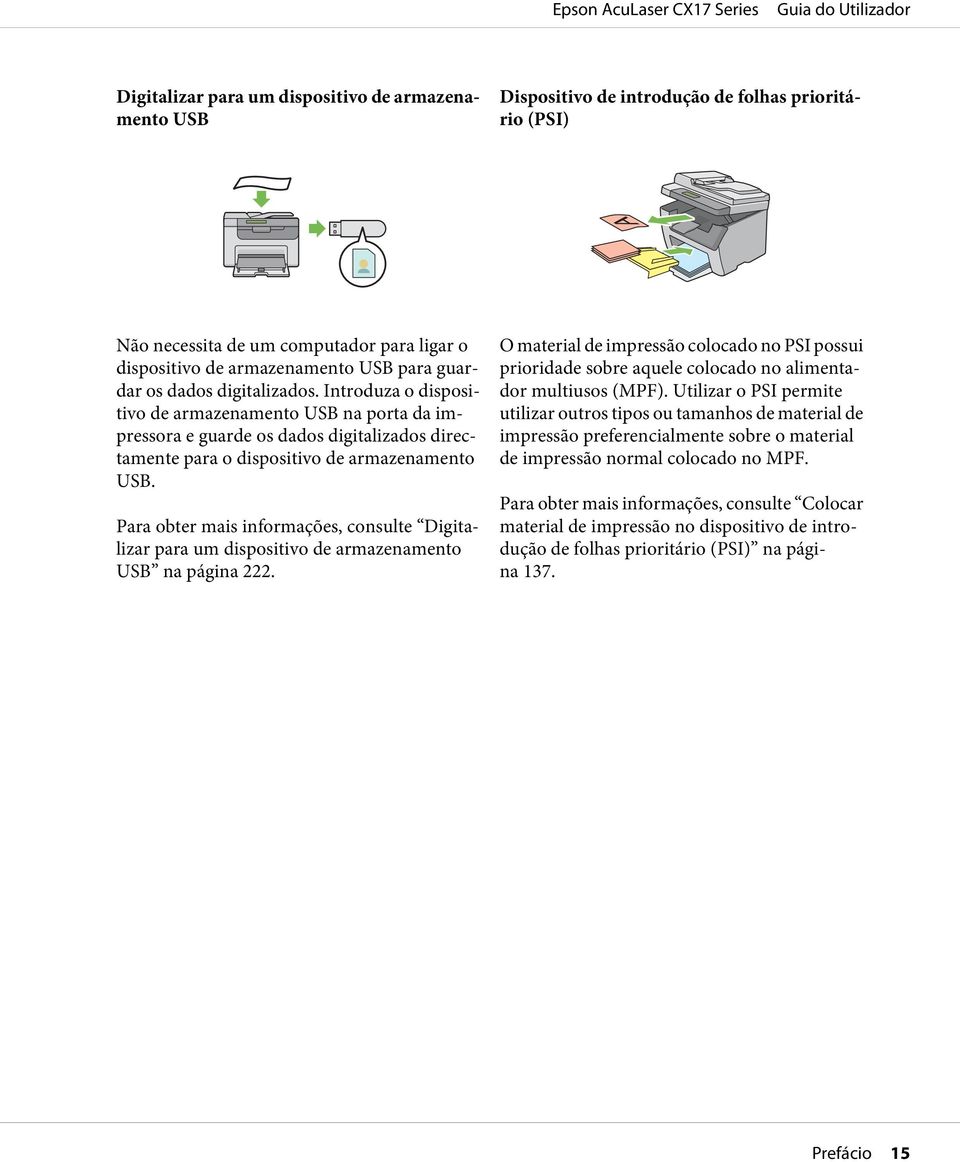 Para obter mais informações, consulte Digitalizar para um dispositivo de armazenamento USB na página 222.