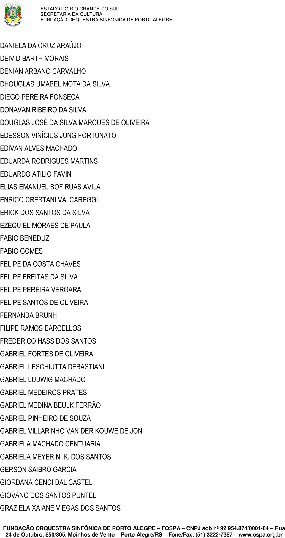 FABIO BENEDUZI FABIO GOMES FELIPE DA COSTA CHAVES FELIPE FREITAS DA SILVA FELIPE PEREIRA VERGARA FELIPE SANTOS DE OLIVEIRA FERNANDA BRUNH FILIPE RAMOS BARCELLOS FREDERICO HASS DOS SANTOS GABRIEL