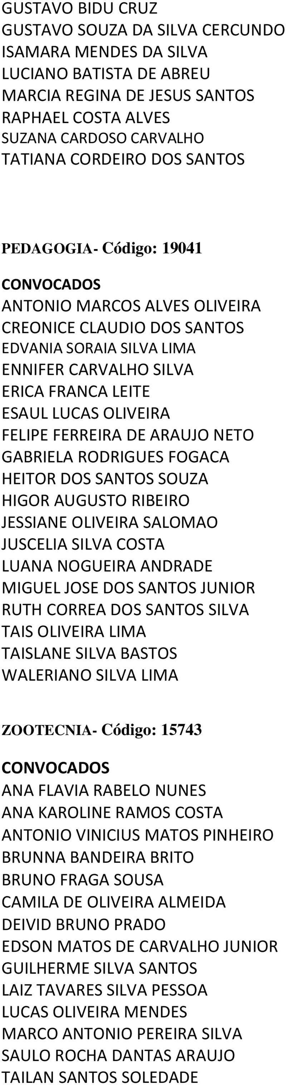 ARAUJO NETO GABRIELA RODRIGUES FOGACA HEITOR DOS SANTOS SOUZA HIGOR AUGUSTO RIBEIRO JESSIANE OLIVEIRA SALOMAO JUSCELIA SILVA COSTA LUANA NOGUEIRA ANDRADE MIGUEL JOSE DOS SANTOS JUNIOR RUTH CORREA DOS