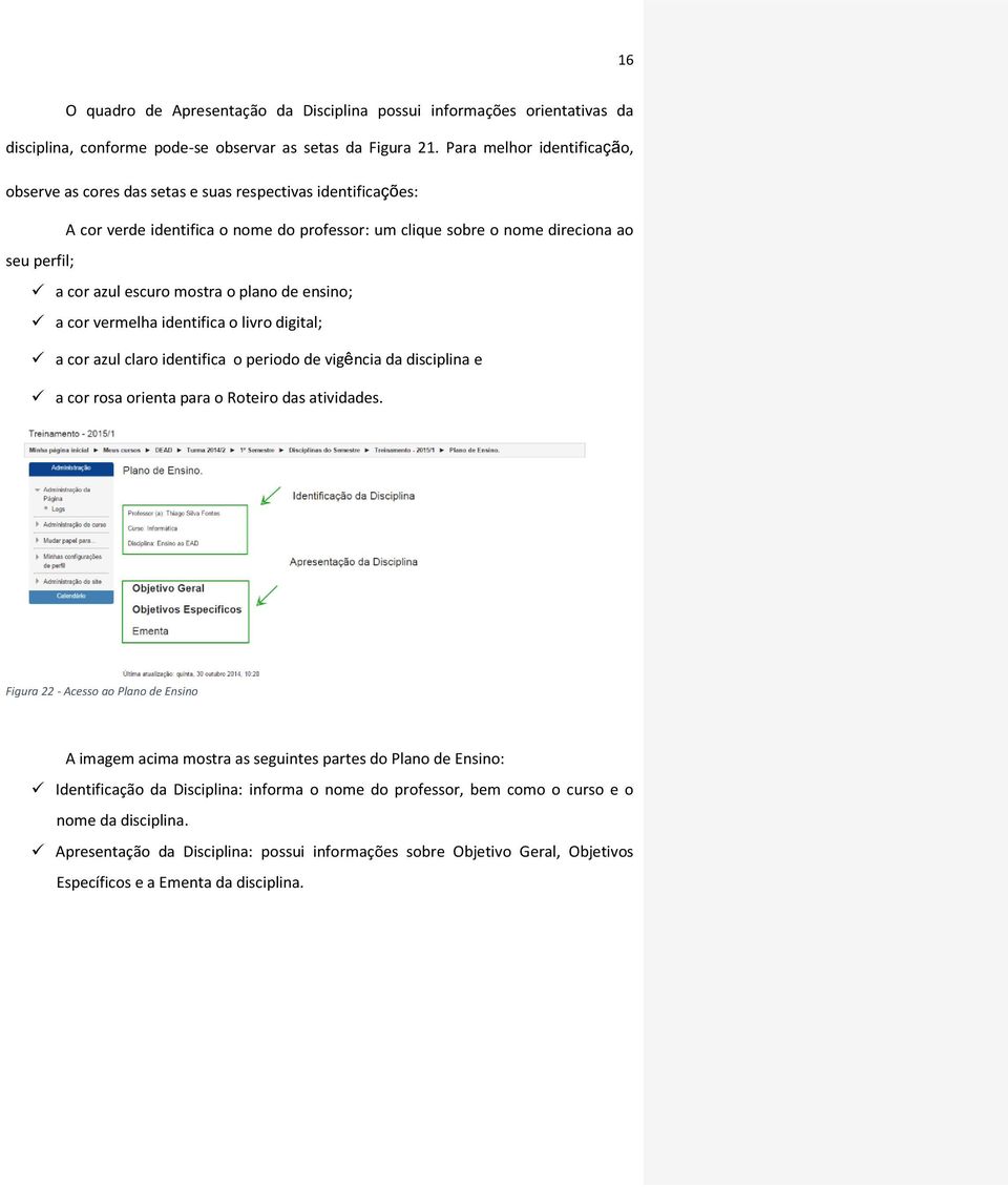 mostra o plano de ensino; a cor vermelha identifica o livro digital; a cor azul claro identifica o periodo de vigência da disciplina e a cor rosa orienta para o Roteiro das atividades.