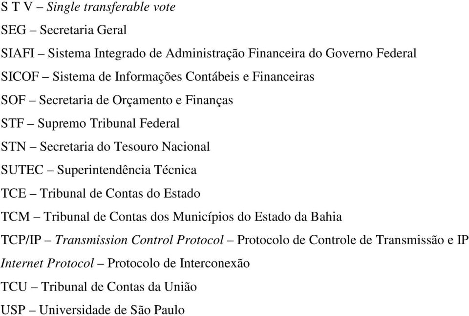 Superintendência Técnica TCE Tribunal de Contas do Estado TCM Tribunal de Contas dos Municípios do Estado da Bahia TCP/IP Transmission Control