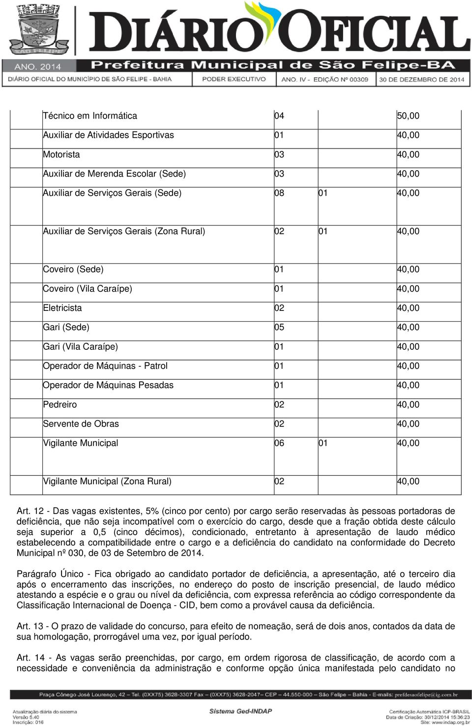 Pesadas 01,00 Pedreiro 02,00 Servente de Obras 02,00 Vigilante Municipal 06 01,00 Vigilante Municipal (Zona Rural) 02,00 Art.