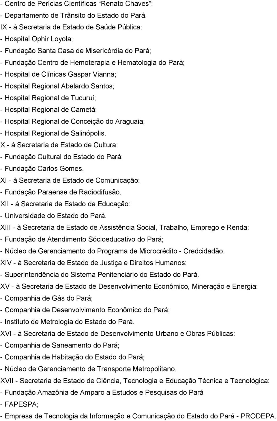 Gaspar Vianna; - Hospital Regional Abelardo Santos; - Hospital Regional de Tucuruí; - Hospital Regional de Cametá; - Hospital Regional de Conceição do Araguaia; - Hospital Regional de Salinópolis.