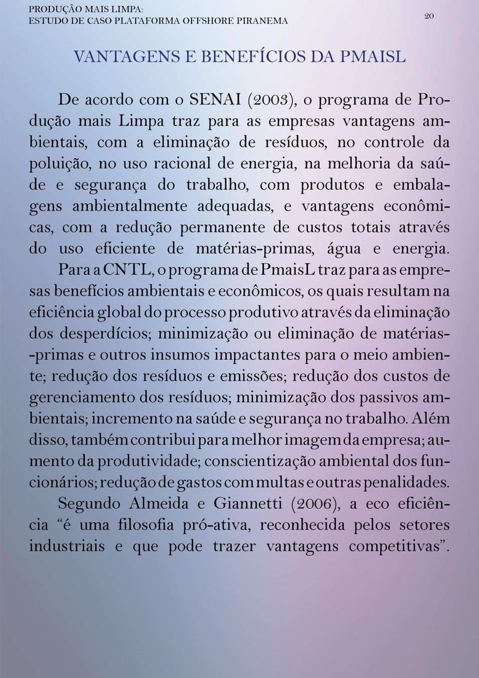 vantagens econômicas, com a redução permanente de custos totais através do uso eficiente de matérias-primas, água e energia.