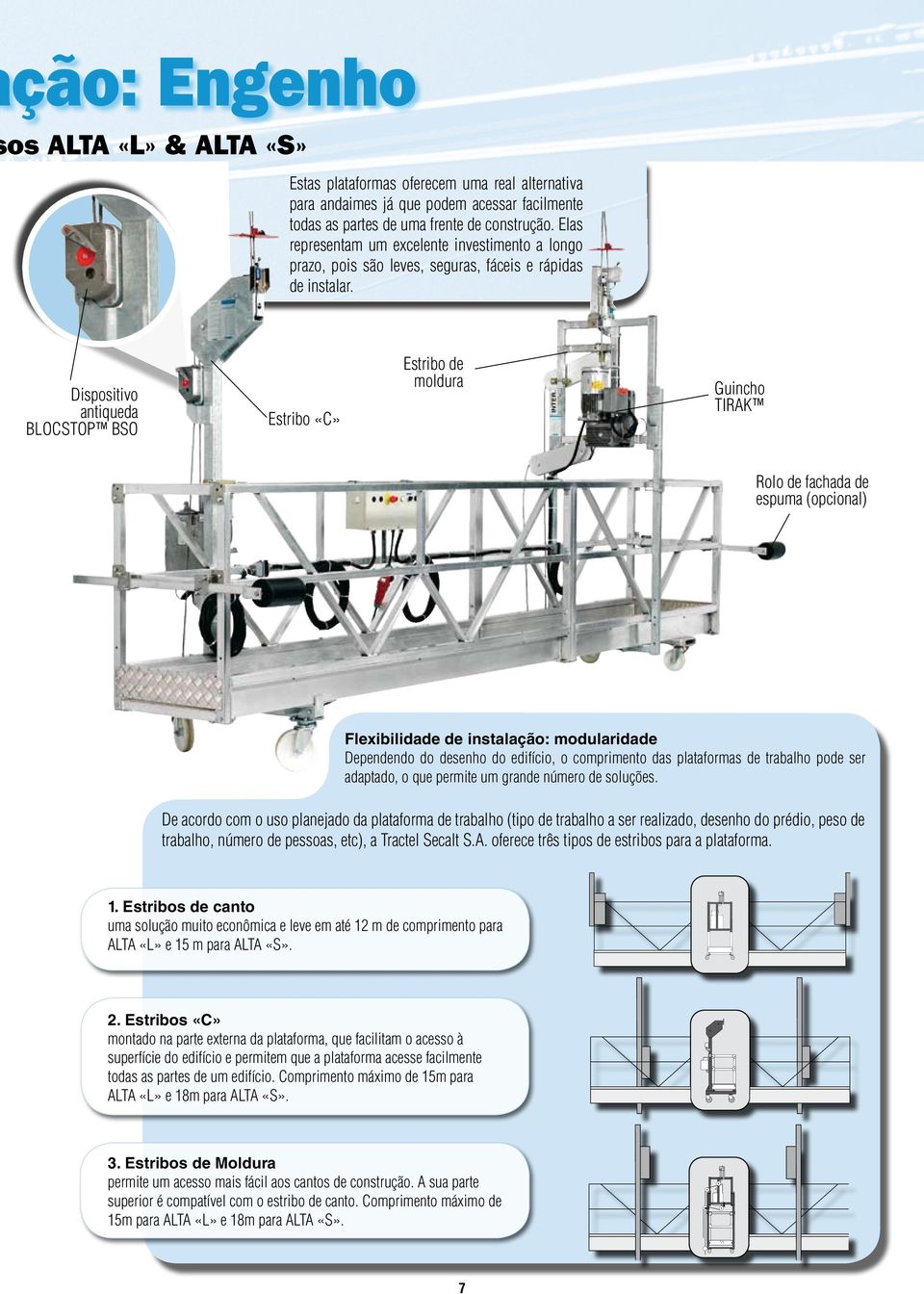 Dispositivo antiqueda BLOCSTOP BSO Estribo «C» Estribo de moldura Guincho tirak Rolo de fachada de espuma (opcional) Flexibilidade de instalação: modularidade Dependendo do desenho do edifício, o