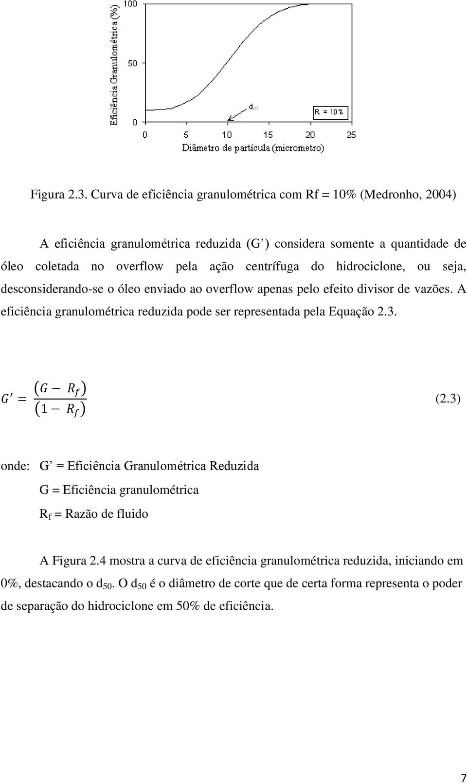 centrífuga do hidrociclone, ou seja, desconsiderando-se o óleo enviado ao overflow apenas pelo efeito divisor de vazões.