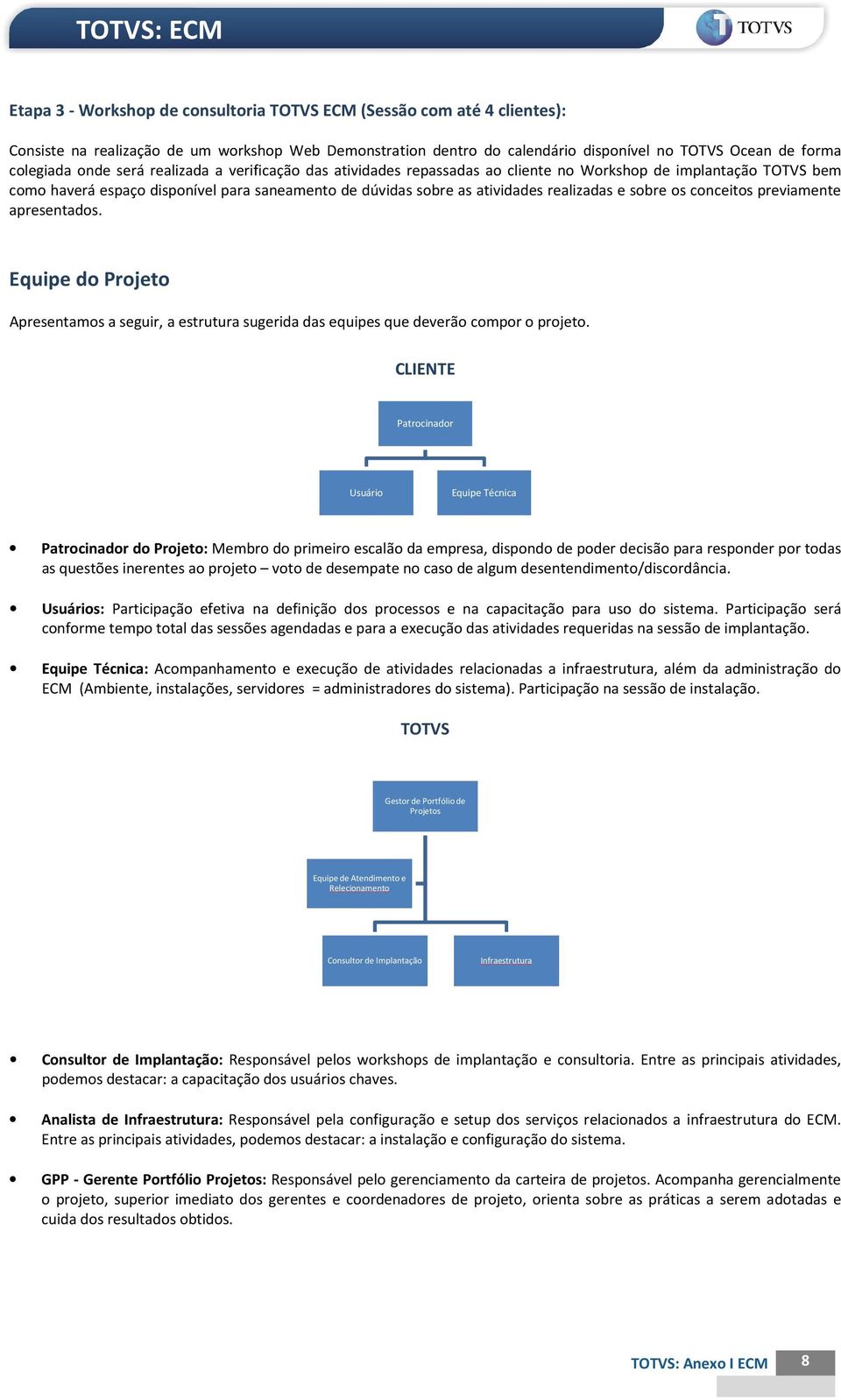 os conceitos previamente apresentados. Equipe do Projeto Apresentamos a seguir, a estrutura sugerida das equipes que deverão compor o projeto.