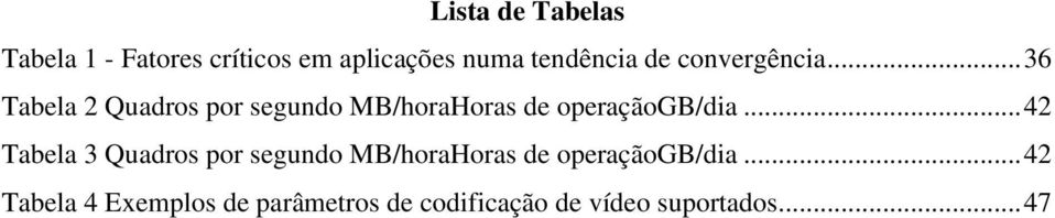 .. 36 Tabela 2 Quadros por segundo MB/horaHoras de operaçãogb/dia.