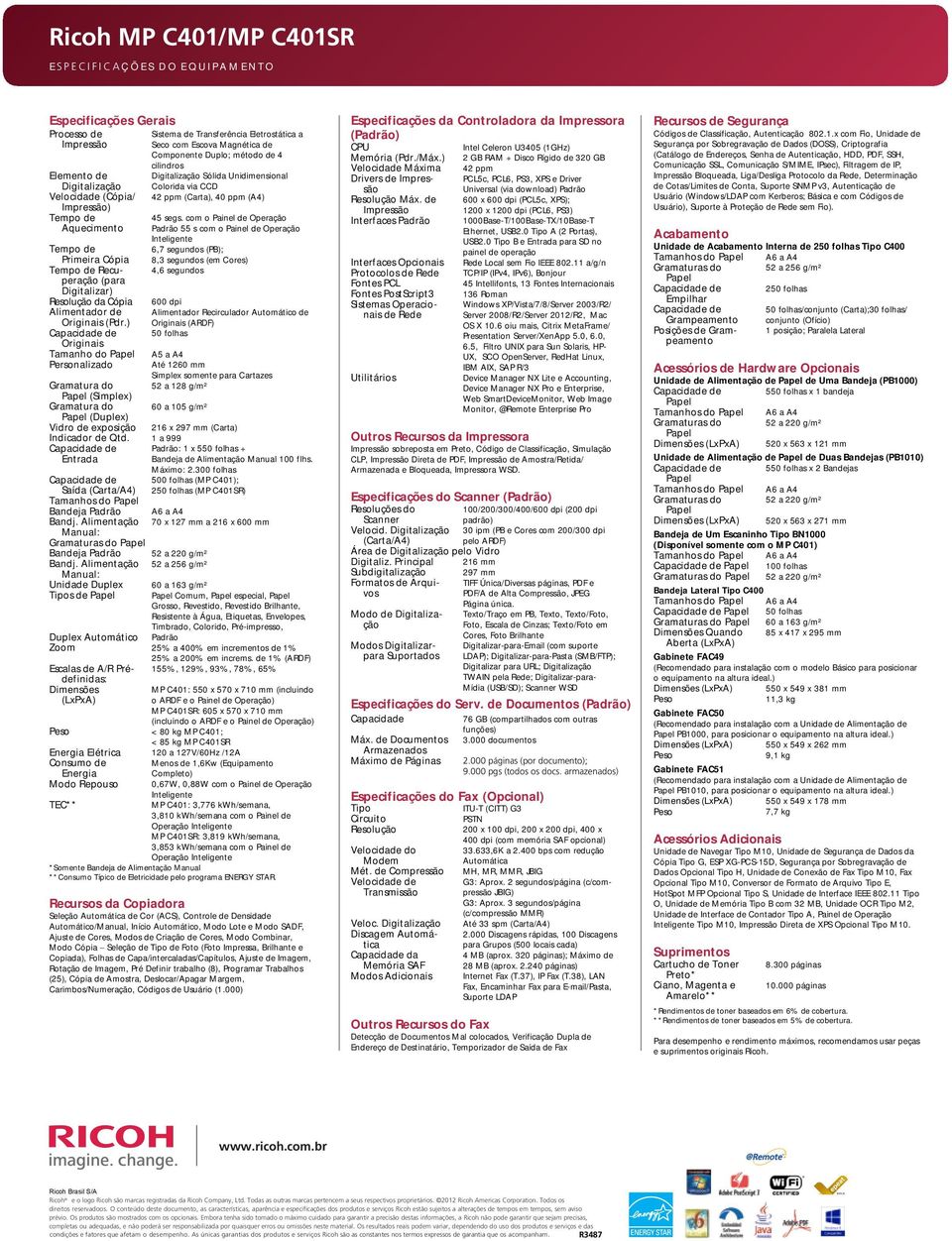 com o Painel de Operação Padrão 55 s com o Painel de Operação Inteligente 6,7 segundos (PB); 8,3 segundos (em Cores) 4,6 segundos Tempo de Primeira Cópia Tempo de Recuperação (para Digitalizar)