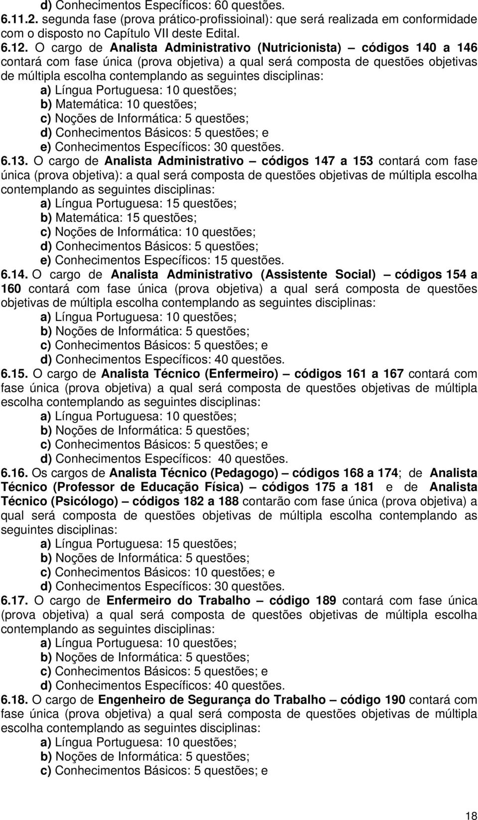 disciplinas: a) Língua Portuguesa: 10 questões; b) Matemática: 10 questões; c) Noções de Informática: 5 questões; d) Conhecimentos Básicos: 5 questões; e e) Conhecimentos Específicos: 30 questões. 6.