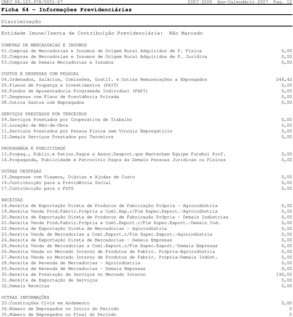 Compras de Mercadorias e Insumos de Origem Rural Adquiridos de P. Física 0,00 02.Compras de Mercadorias e Insumos de Origem Rural Adquiridos de P. Jurídica 0,00 03.