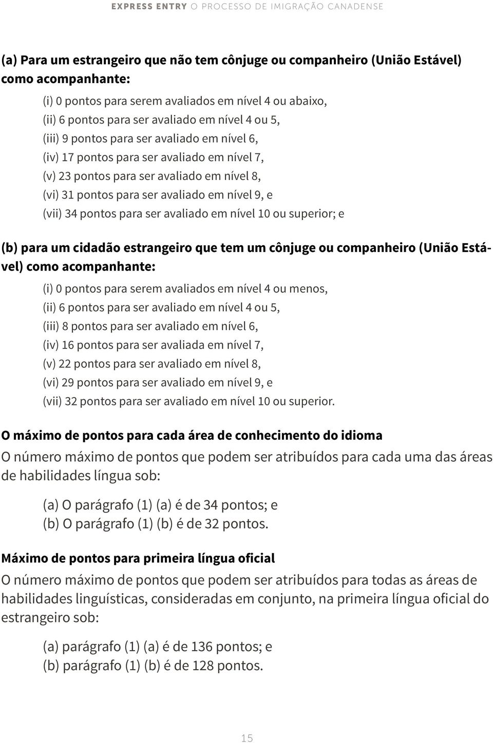 para ser avaliado em nível 10 ou superior; e (b) para um cidadão estrangeiro que tem um cônjuge ou companheiro (União Estável) como acompanhante: (i) 0 pontos para serem avaliados em nível 4 ou