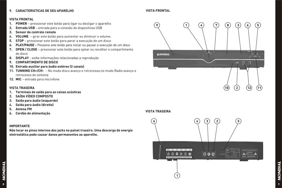 PLAY/PAUSE - Pessione este botão para iniciar ou pausar a execução de um disco 7. OPEN / CLOSE pressionar este botão para ejetar ou recolher o compartimento do disco 8.