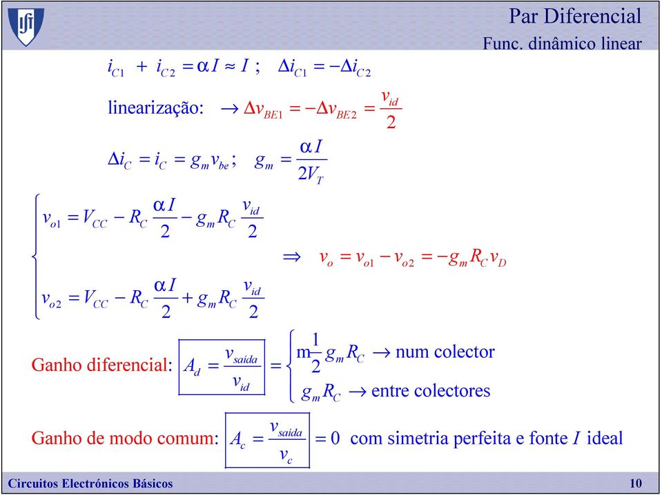 dinâmico linear ircuitos Electrónicos Básicos 10 o id = = g 1 saída gm num colector
