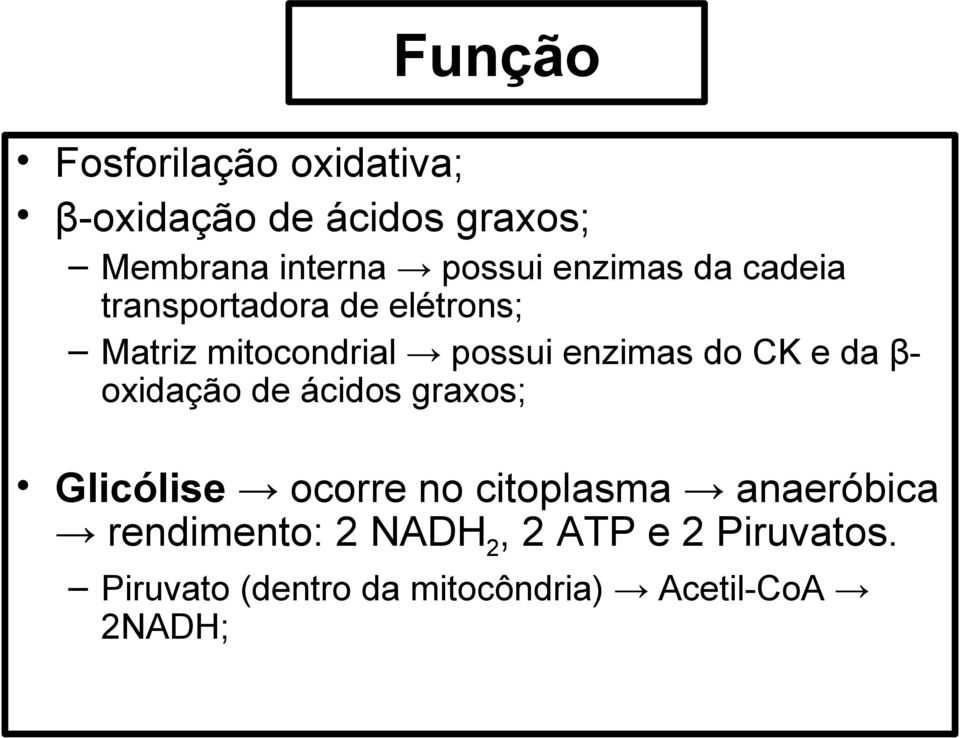 CK e da βoxidação de ácidos graxos; Glicólise ocorre no citoplasma anaeróbica