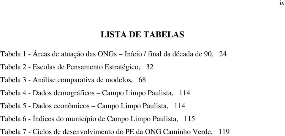 demográficos Campo Limpo Paulista, 114 Tabela 5 - Dados econômicos Campo Limpo Paulista, 114 Tabela 6 -