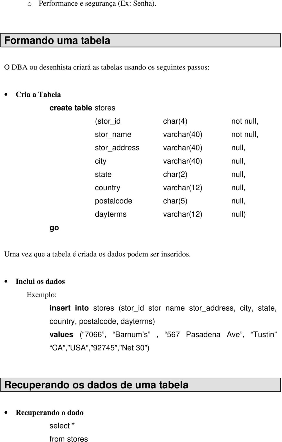 not null, stor_address varchar(40) null, city varchar(40) null, state char(2) null, country varchar(12) null, postalcode char(5) null, dayterms varchar(12) null) go Urna