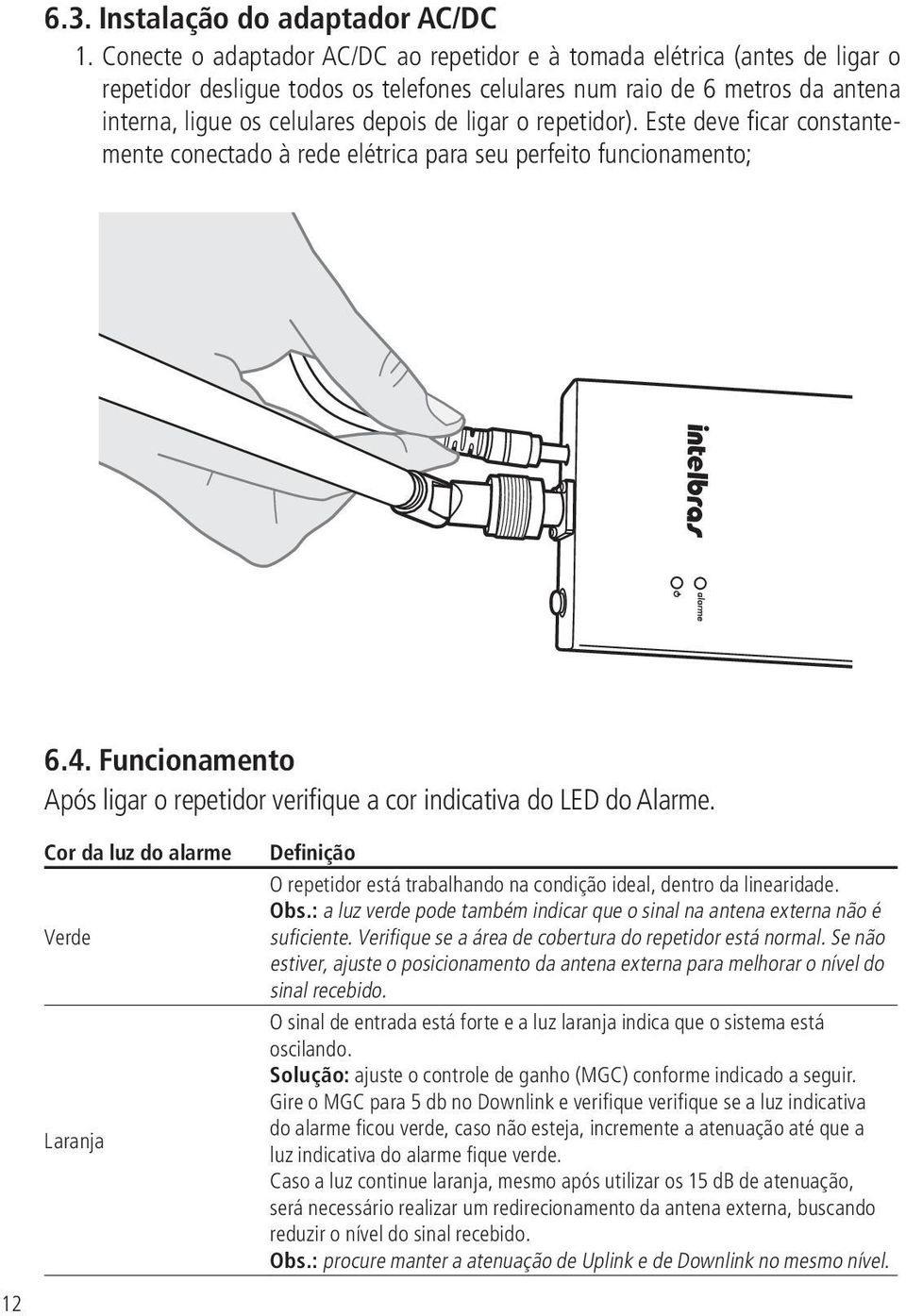 o repetidor). Este deve ficar constantemente conectado à rede elétrica para seu perfeito funcionamento; 6.4. Funcionamento Após ligar o repetidor verifique a cor indicativa do LED do Alarme.