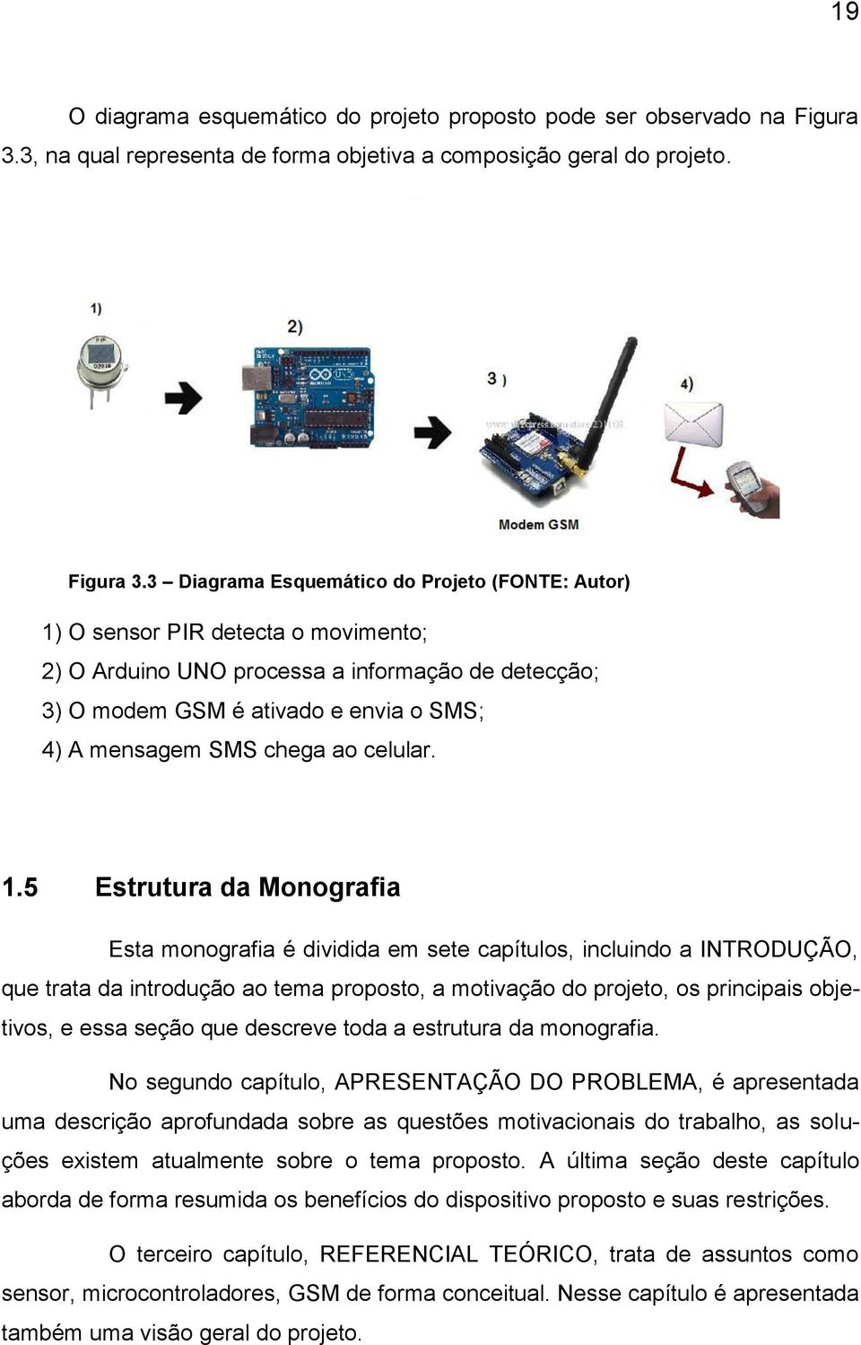 3 Diagrama Esquemático do Projeto (FONTE: Autor) 1) O sensor PIR detecta o movimento; 2) O Arduino UNO processa a informação de detecção; 3) O modem GSM é ativado e envia o SMS; 4) A mensagem SMS