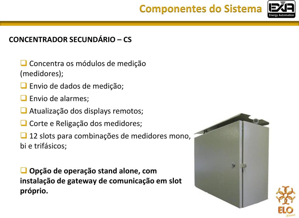 remotos; Corte e Religação dos medidores; 12 slots para combinações de medidores mono, bi