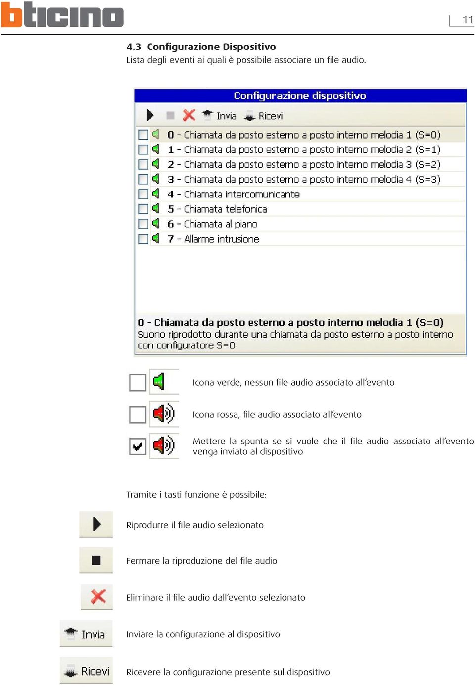 file audio associato all evento venga inviato al dispositivo Tramite i tasti funzione è possibile: Riprodurre il file audio selezionato