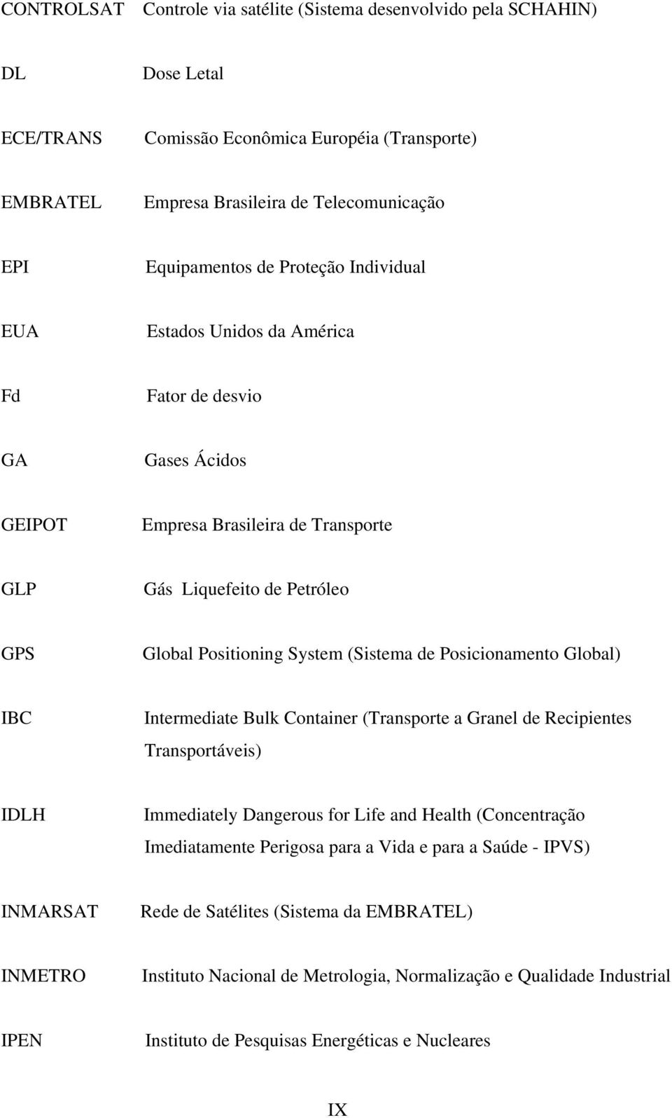 de Posicionamento Global) IBC Intermediate Bulk Container (Transporte a Granel de Recipientes Transportáveis) IDLH Immediately Dangerous for Life and Health (Concentração Imediatamente Perigosa para