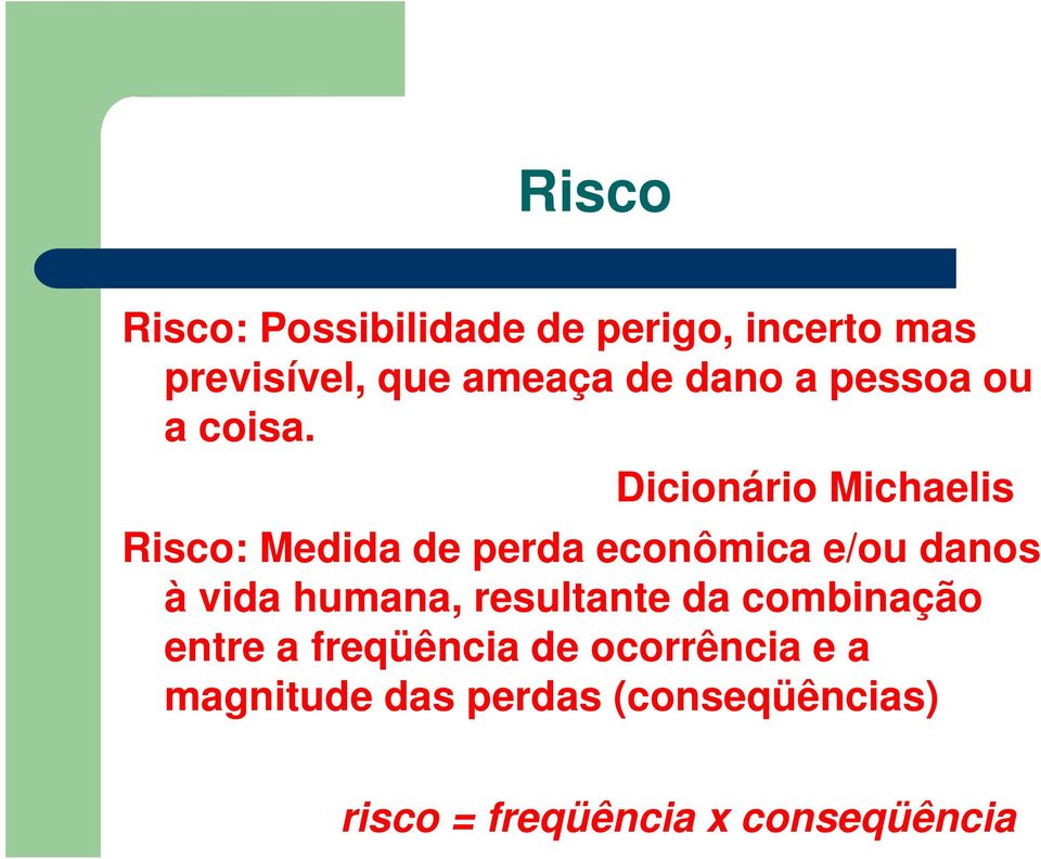 Dicionário Michaelis Risco: Medida de perda econômica e/ou danos à vida