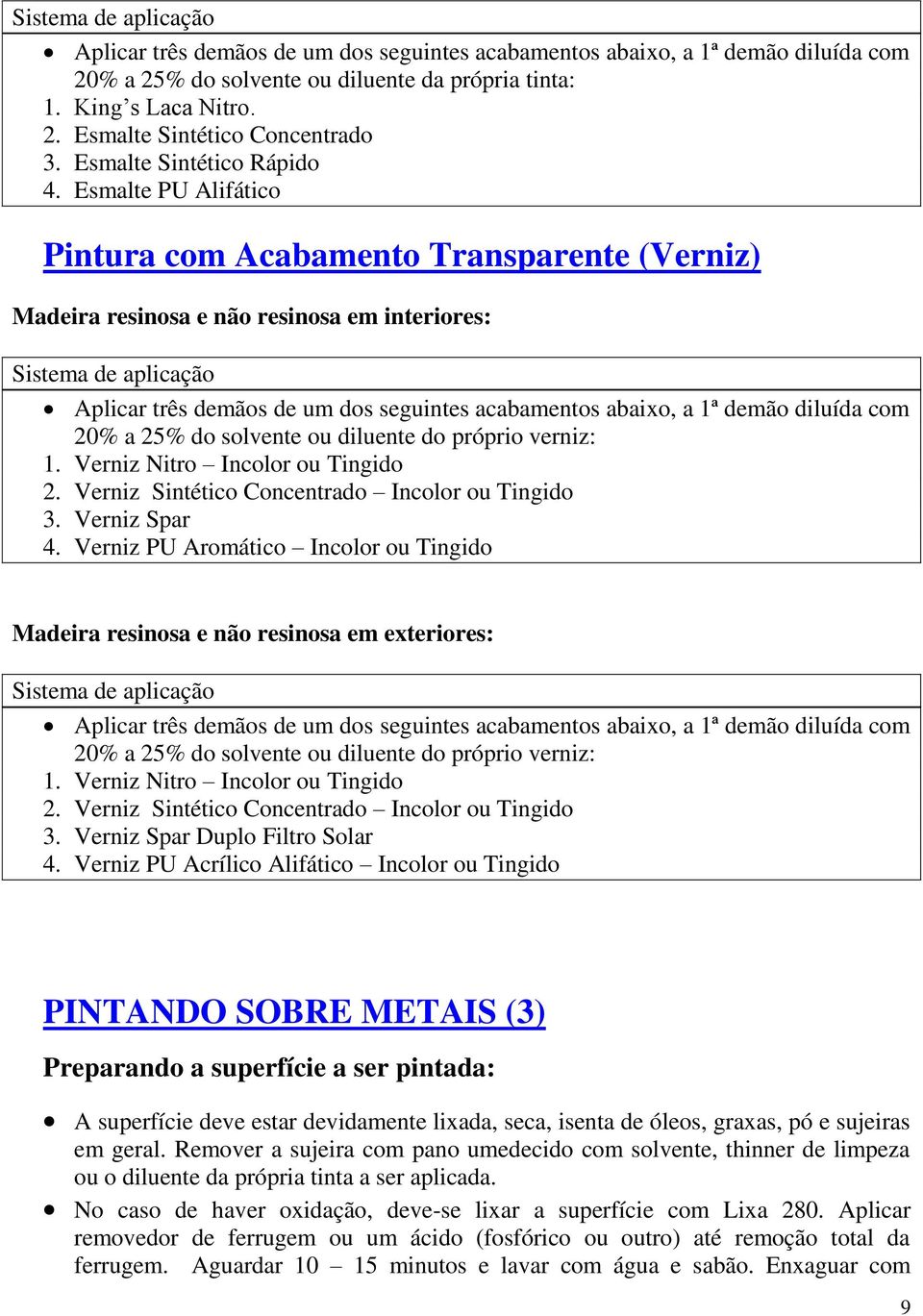 Esmalte PU Alifático Pintura com Acabamento Transparente (Verniz) Madeira resinosa e não resinosa em interiores: Sistema de aplicação Aplicar três demãos de um dos seguintes acabamentos abaixo, a 1ª