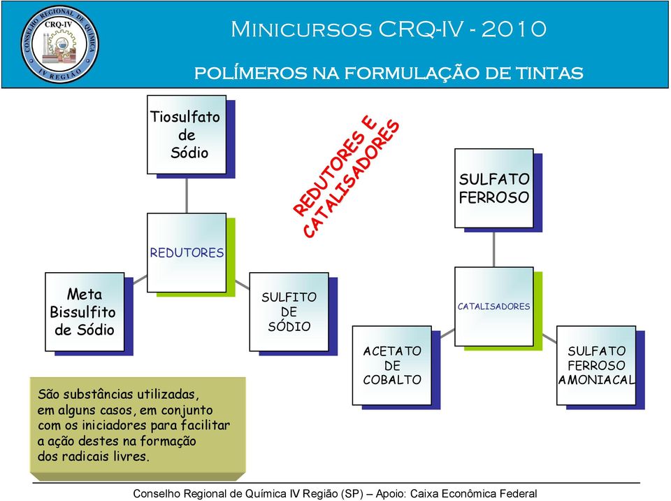 em conjunto com os iniciadores para facilitar a ação destes na formação dos radicais livres.