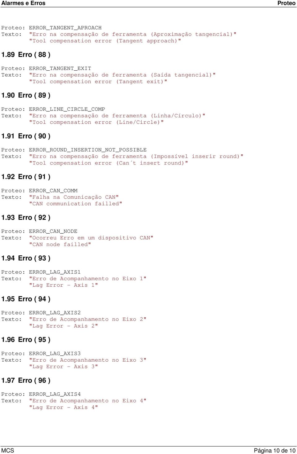 90 Erro ( 89 ) : ERROR_LINE_CIRCLE_COMP Texto: "Erro na compensação de ferramenta (Linha/Círculo)" "Tool compensation error (Line/Circle)" 1.