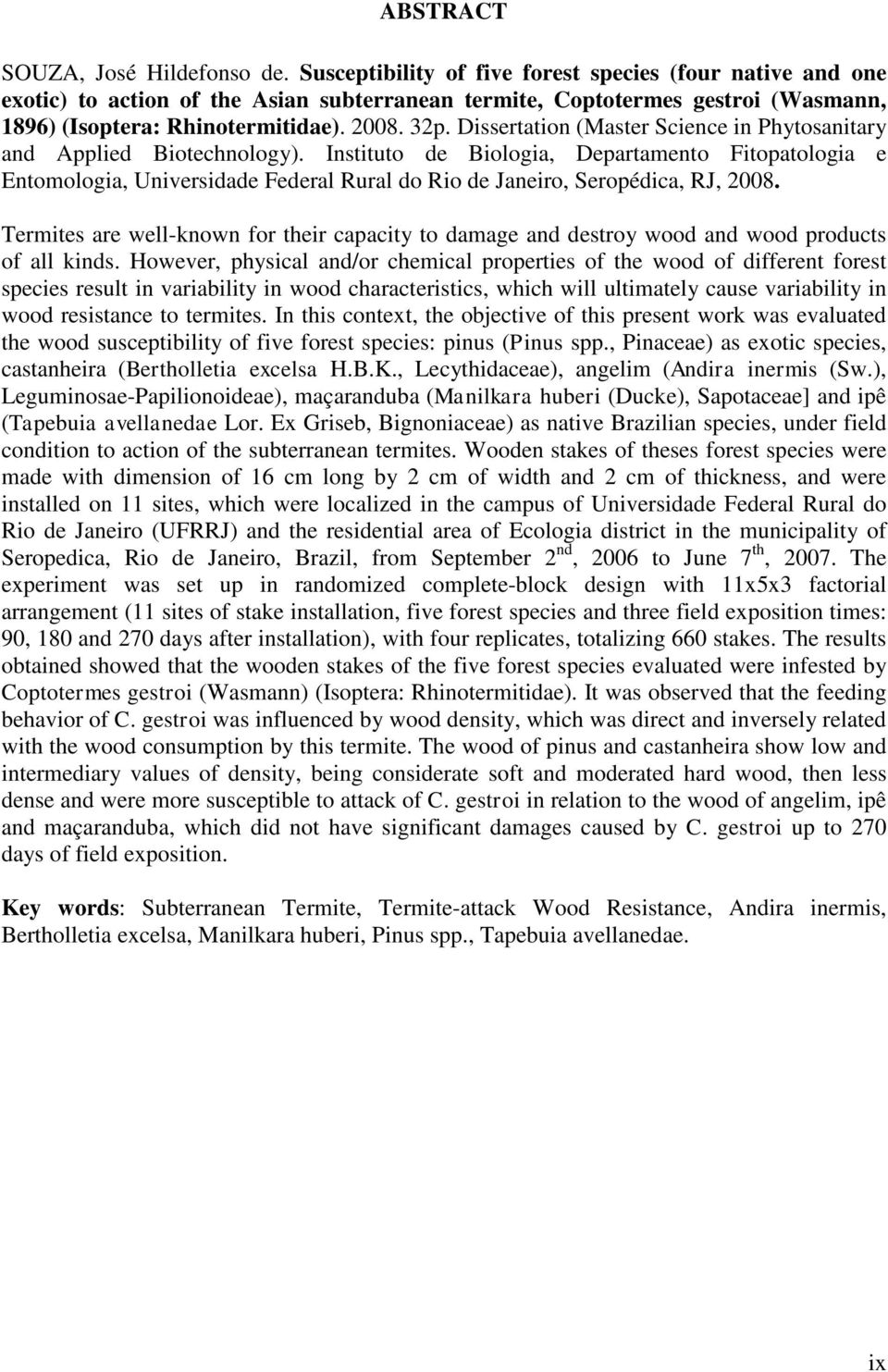 Dissertation (Master Science in Phytosanitary and Applied Biotechnology).